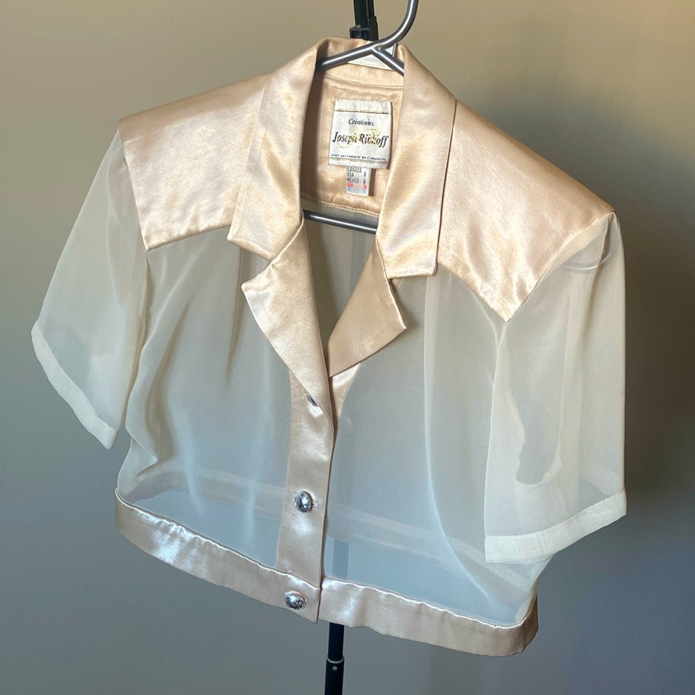 Joseph Ribkoff Sheer Cream Crop Top with Satin Trim